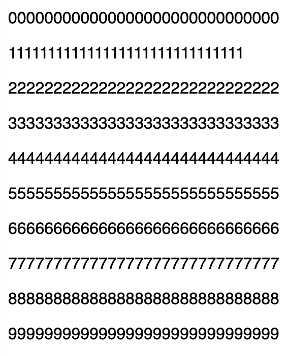 Screenshot of lines of numbers 0-9 in Helvetica